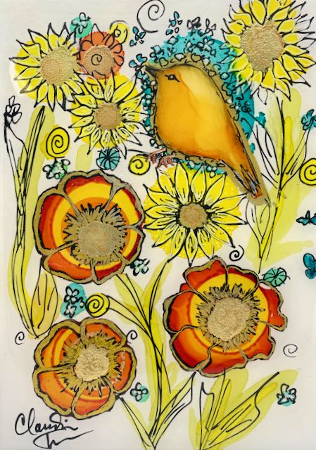 Orange Bird and Flowers